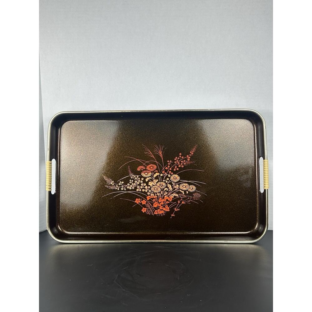 Vintage Brown And Black Lacquer Serving Tray Plastic Wrapped Handles Fall Decor